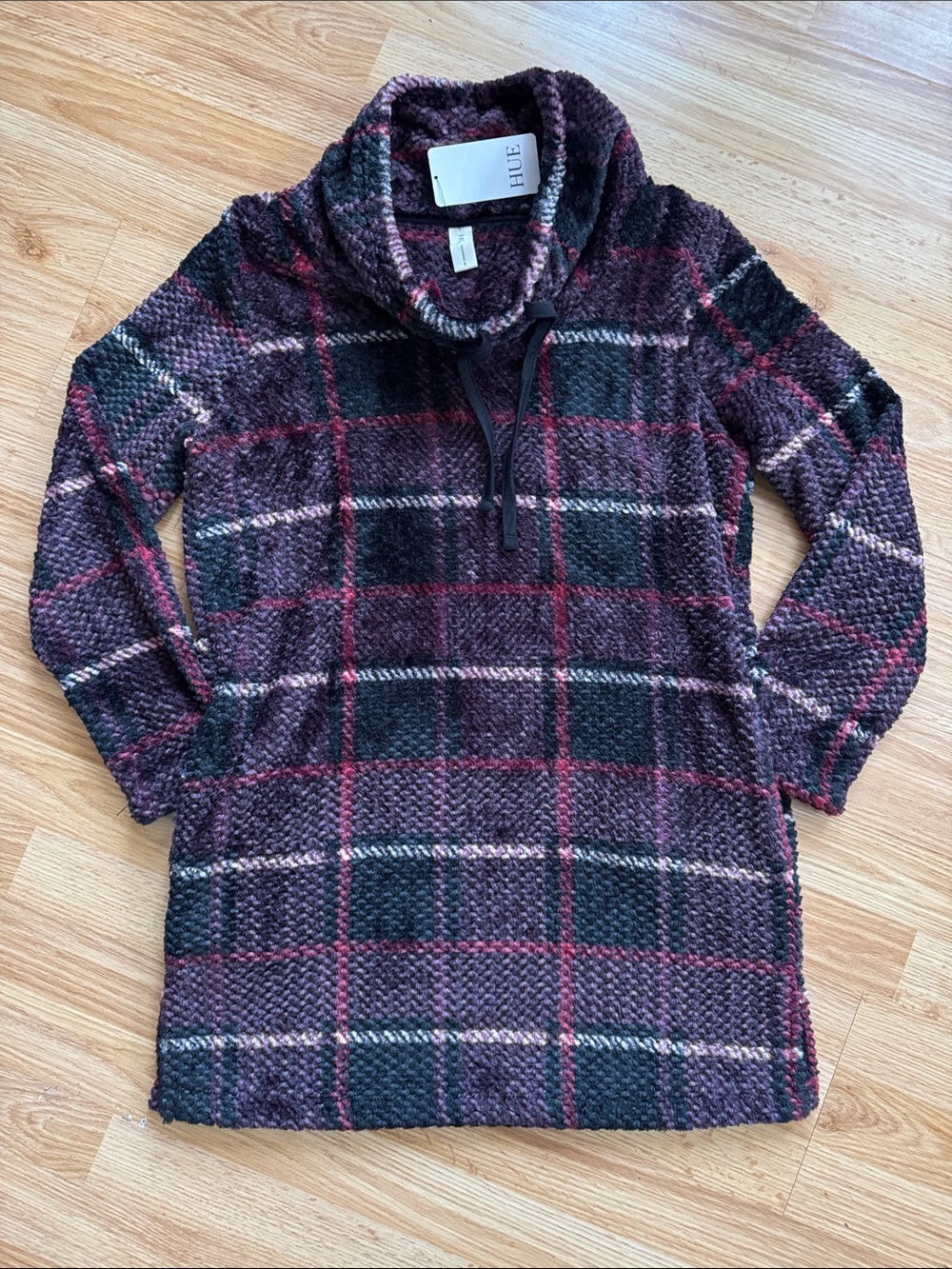 HUE Burgundy Black Plaid Cowl Neck Sweater ✨ size S NWT